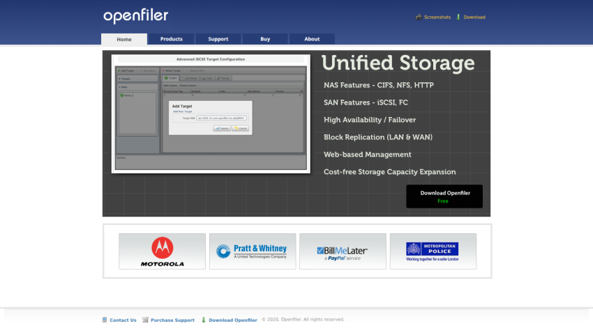 Openfiler website with navigation bar and hero section highlighting unified storage features and download option