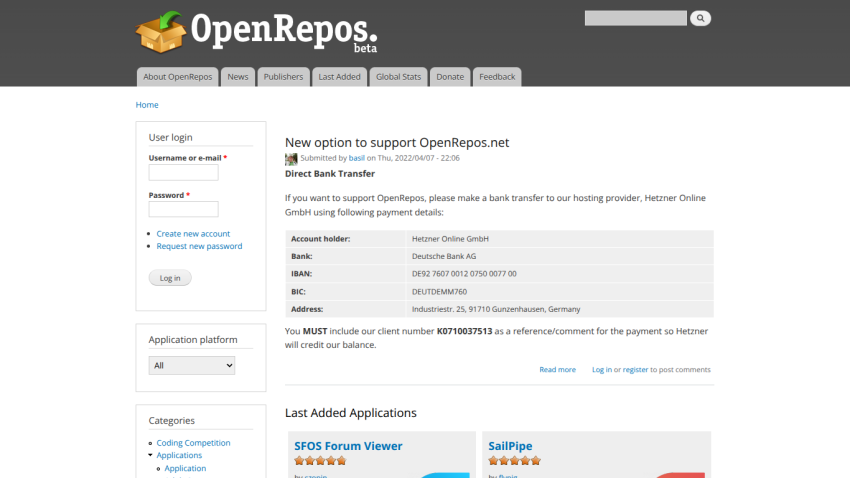 OpenRepos website showing navigation tabs, user login form, support payment details, and last added applications section.