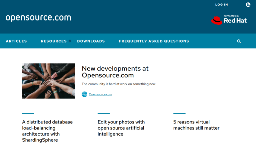 Homepage of OpenSource.com featuring new developments and articles.