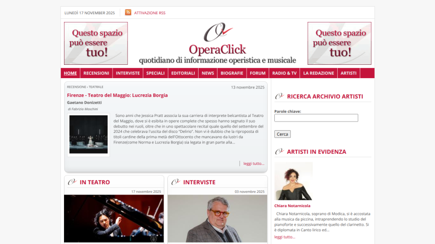 OperaClick homepage featuring opera and music news, reviews, interviews, and artist archive search in Italian
