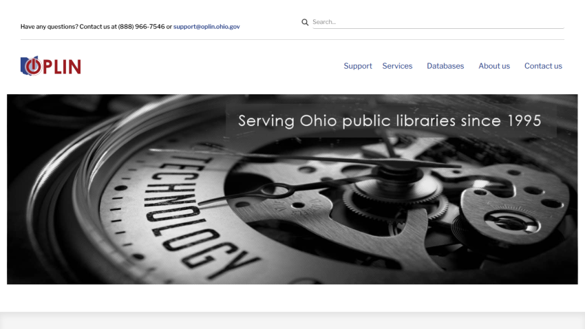 OPLIN website header with navigation and hero image showing 'Serving Ohio public libraries since 1995'