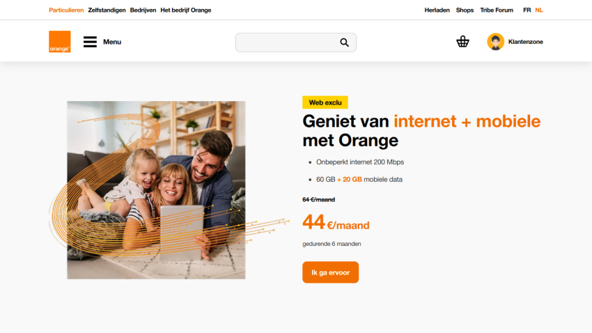 Promotional section for internet and mobile services with pricing and family image.