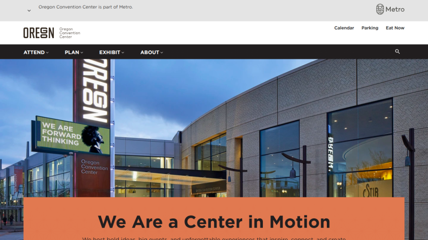 Homepage of Oregon Convention Center featuring a welcoming message and building image.