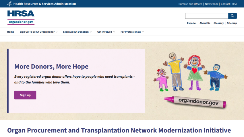 HRSA website promoting organ donation with a call to action to sign up.