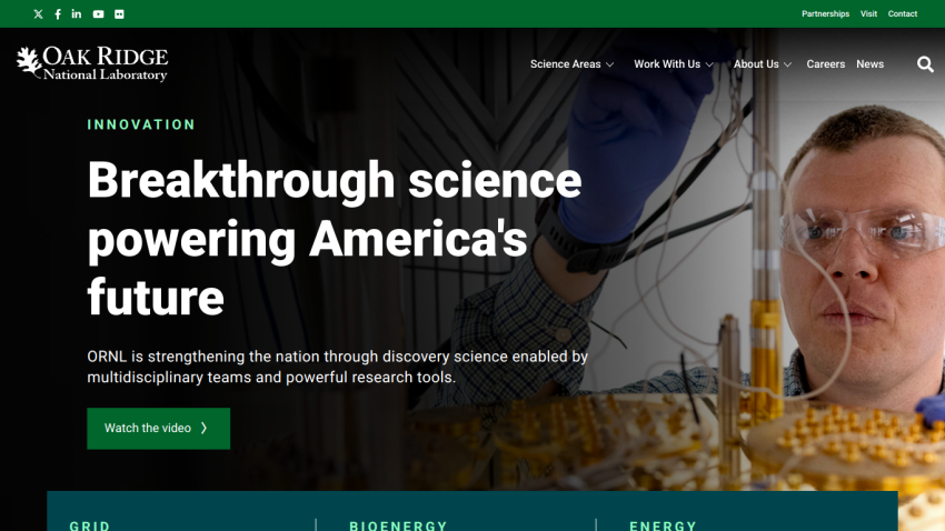 Homepage of Oak Ridge National Laboratory featuring a scientist and a tagline about breakthrough science.