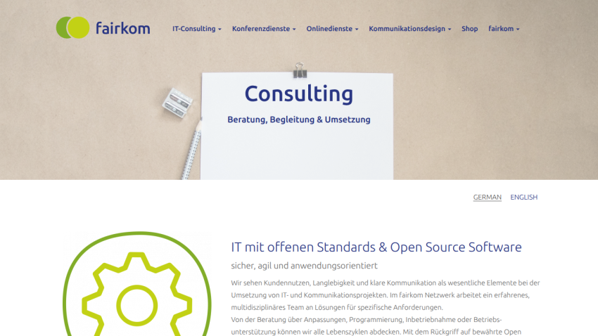 Fairkom IT consulting website with navigation menu and consulting services description in German