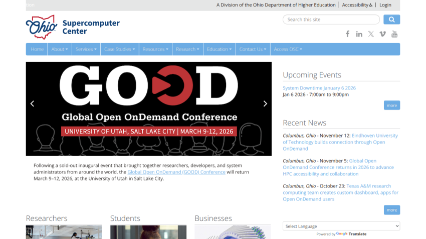 Homepage of Supercomputer Center with Global Open OnDemand Conference banner and sections for researchers, students, and businesses