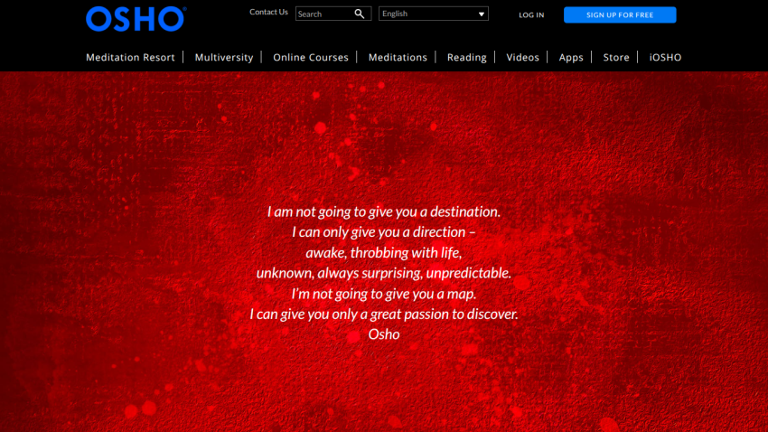 Osho website featuring a quote about direction and discovery on a red background.