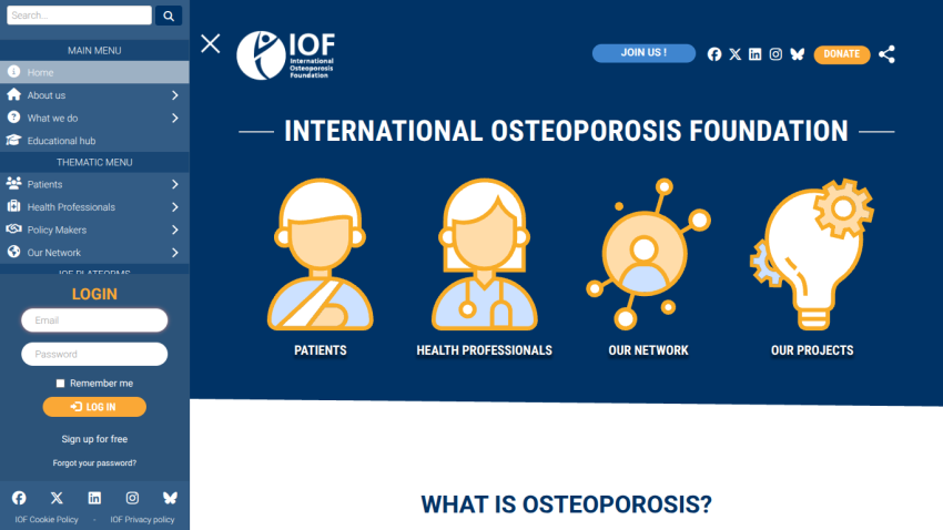 Homepage of the International Osteoporosis Foundation with navigation and key sections displayed.