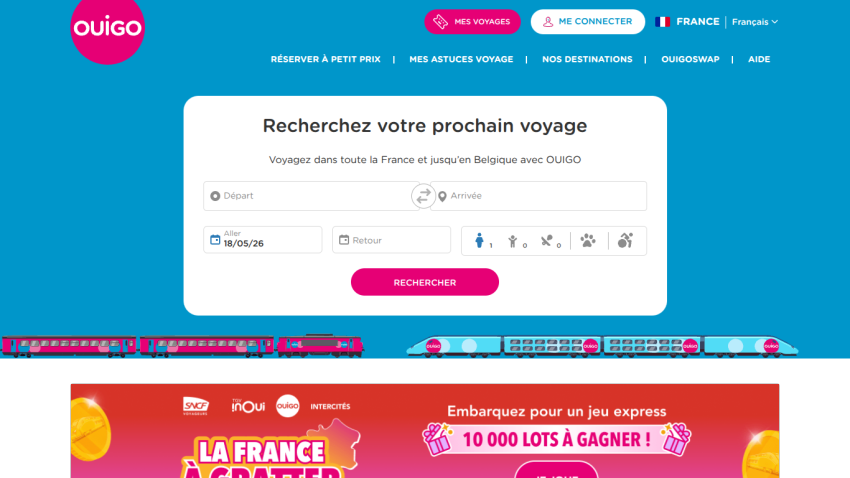 Search interface for travel in France with a promotional banner below.