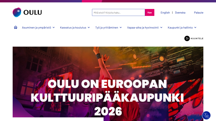 Oulu, European Capital of Culture 2026, with vibrant background and key text highlighted.
