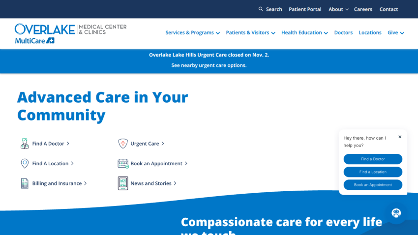 Medical center homepage with navigation and services including urgent care, appointments, and news