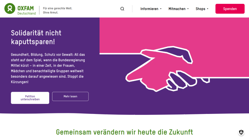Oxfam Germany homepage featuring a message on solidarity and a call to action button.