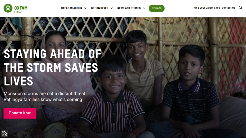Oxfam's campaign on storm preparedness with a call to action to donate.