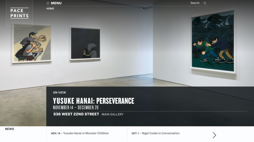 Gallery website showing Yusuke Hanai: Perseverance exhibition details with artwork images and navigation menu