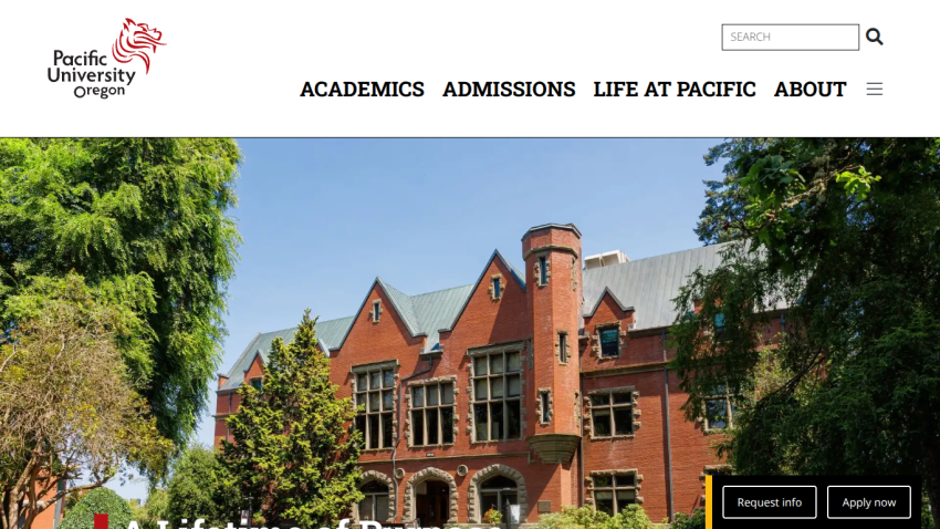 Pacific University Oregon homepage featuring a historic building and navigation links.