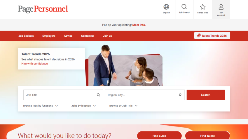 Job search interface with options for job title and location, featuring a hero image.
