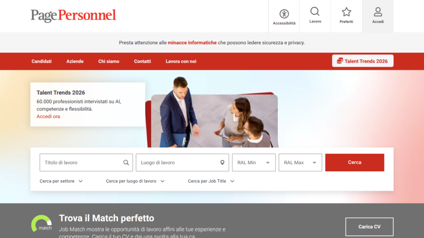 Job search interface with filters for location and job type, featuring a professional image.