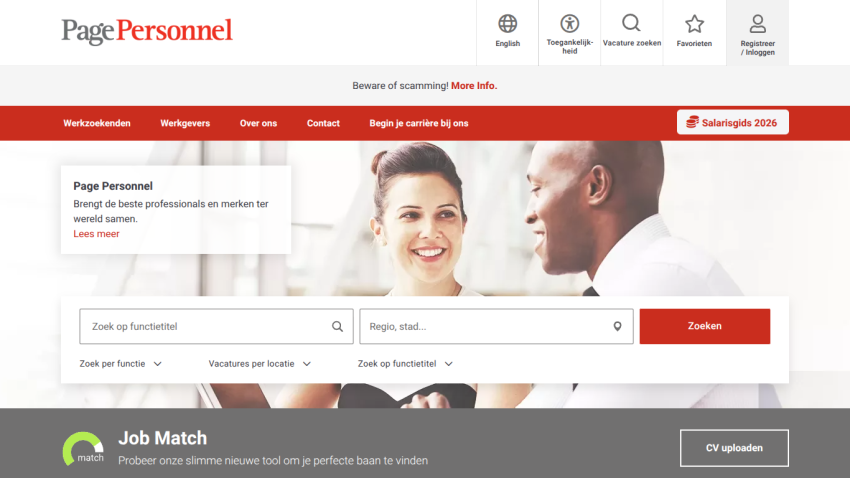 Page Personnel homepage featuring a job search bar and images of professionals.