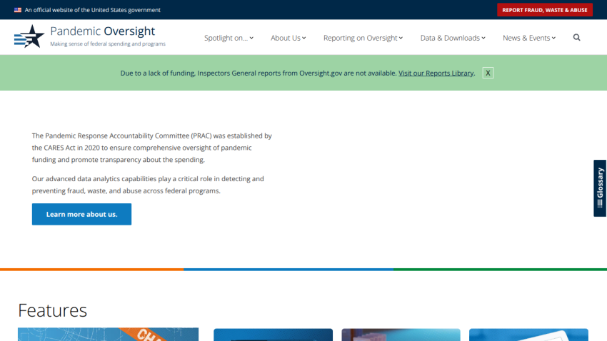 Pandemic Oversight website header and hero text about PRAC oversight of pandemic funding with a Learn More button