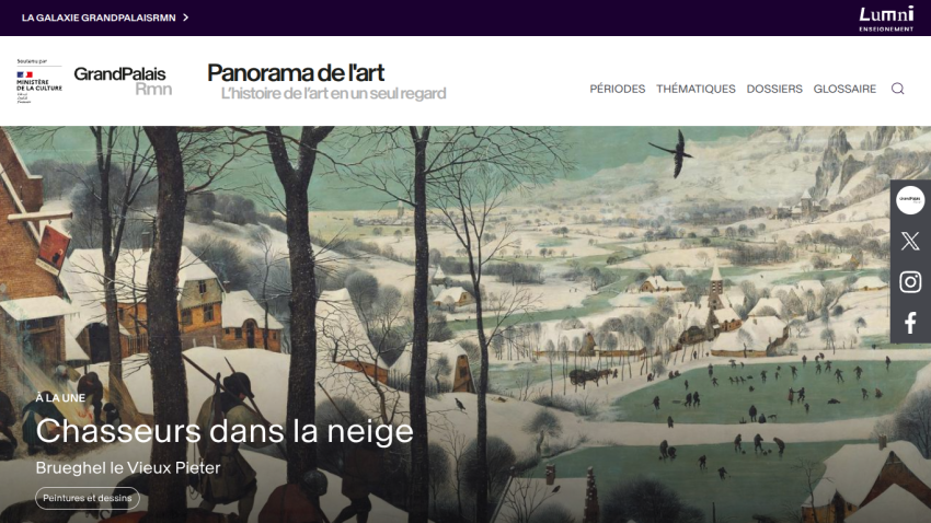 Homepage of Grand Palais with a painting titled 'Chasseurs dans la neige' and the title 'Panorama de l'art'.