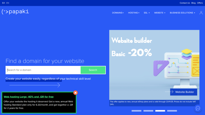 Domain search input and website builder promotion with 20% discount and hosting offer on a blue background