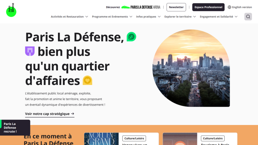Paris La Défense website promoting the area as more than a business district with dynamic entertainment experiences