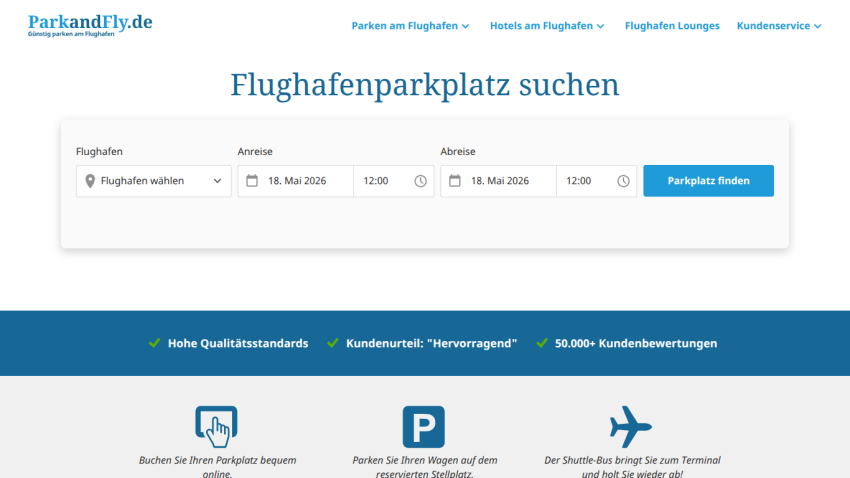 Search interface for airport parking with options for location and date selection.