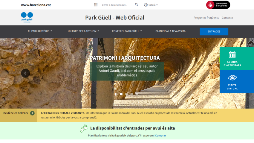 Official website for Park Güell featuring architecture information and ticket availability.