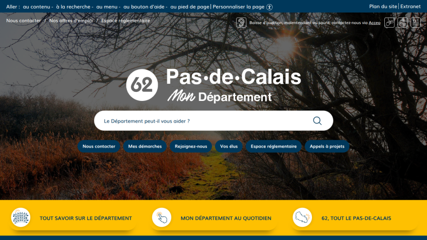 Pas-de-Calais departmental website with search bar and navigation buttons for contact, procedures, joining, elected officials, regulations, and projects