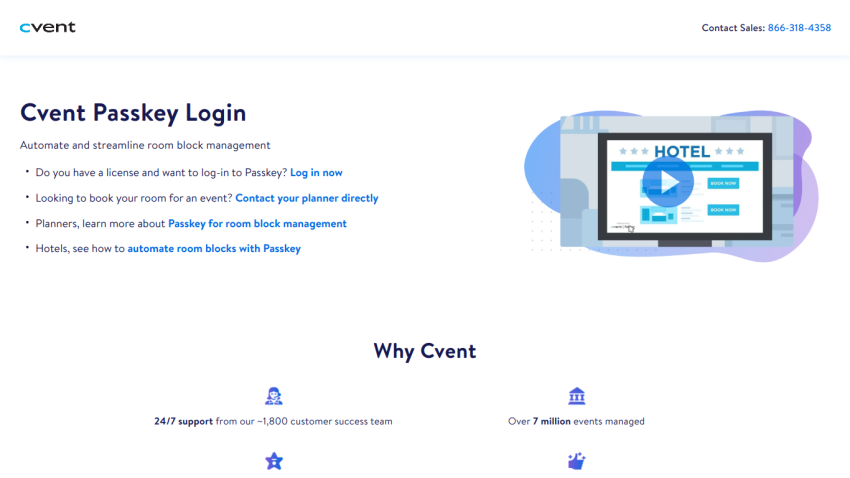 Cvent Passkey login page with options for room block management and support.