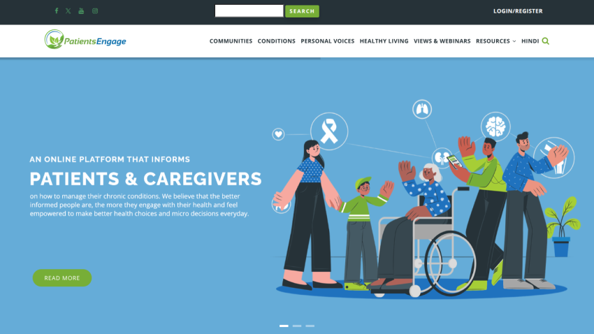 Homepage of a platform for patients and caregivers, featuring diverse characters and a call to action.