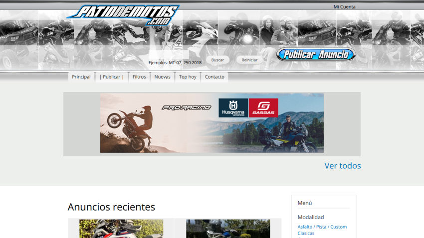 Motorcycle classifieds site with navigation tabs, a Husqvarna and GasGas pro racing banner, and recent motorcycle ads
