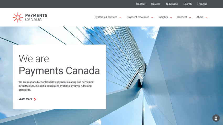 Payments Canada homepage with navigation and hero text about payment clearing and settlement infrastructure