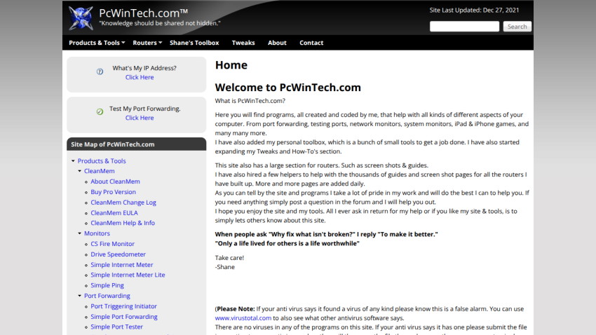 PcWinTech.com homepage with navigation menu, site map, and welcome message describing software tools and router guides.