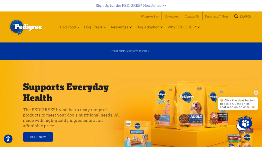 Homepage of Pedigree featuring dog food products and health support message.