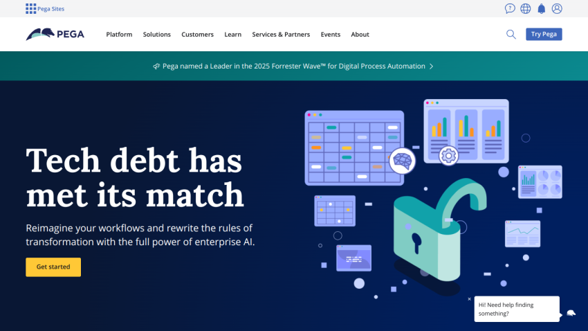Homepage featuring a headline about tech debt and enterprise AI solutions.