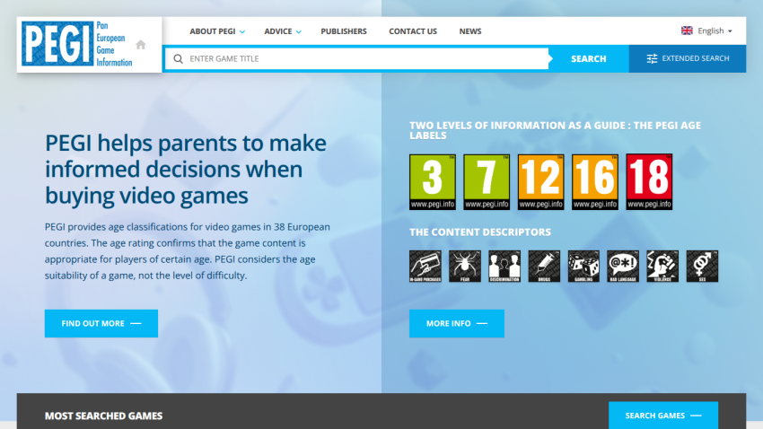PEGI website homepage with information on video game ratings and parental guidance.