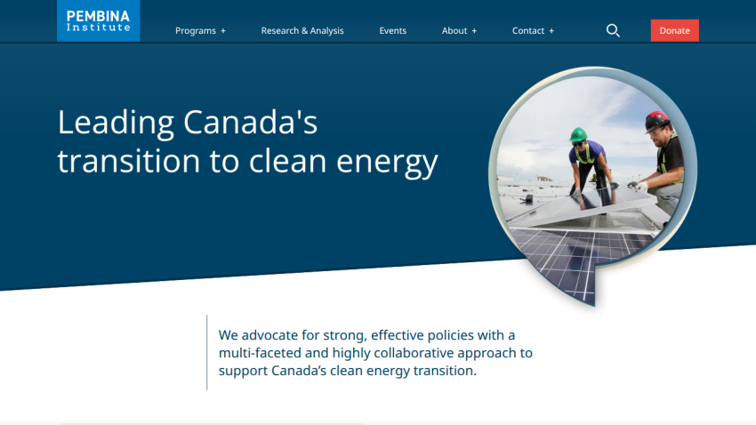 Pembina Institute homepage promoting Canada's transition to clean energy with policy advocacy and collaboration