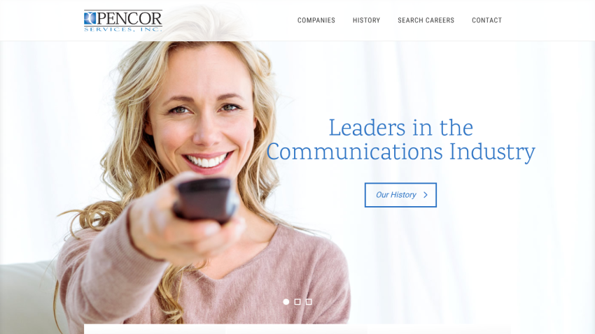 Homepage hero with smiling woman pointing remote, headline 'Leaders in the Communications Industry', and navigation menu