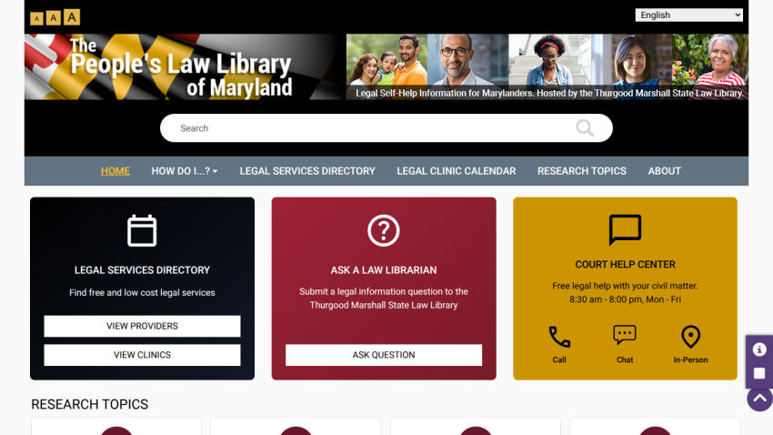 Homepage of the People's Law Library of Maryland featuring legal resources and contact options.