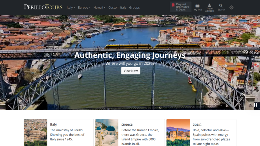 Travel website Perillo Tours with navigation and hero image of a bridge over a river, promoting authentic journeys for 2026