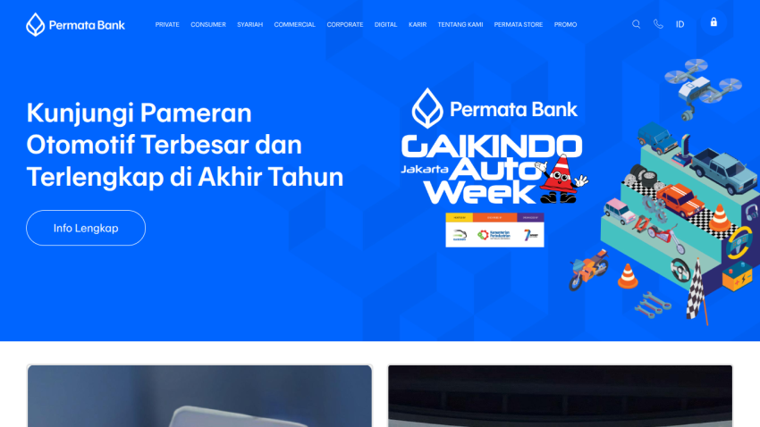 Permata Bank promoting the largest and most complete automotive exhibition at year-end with event details and navigation menu.