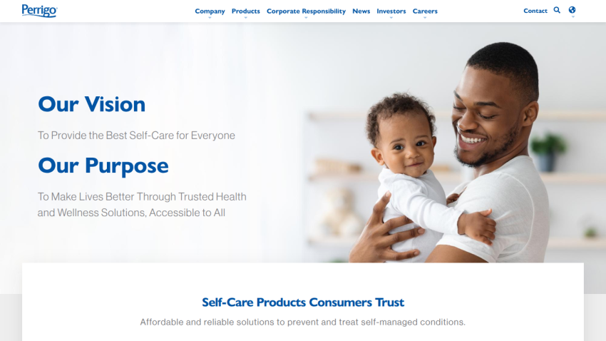 Healthcare website hero with father holding child, highlighting vision and purpose statements