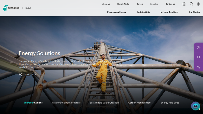Energy Solutions section featuring a worker on a tower with navigation options above.