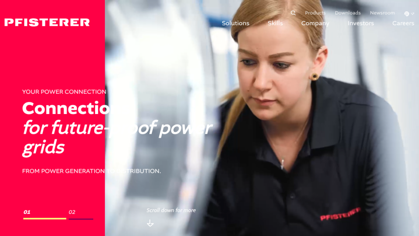 Pfisterer website hero section with tagline about future-proof power grid connections and navigation menu
