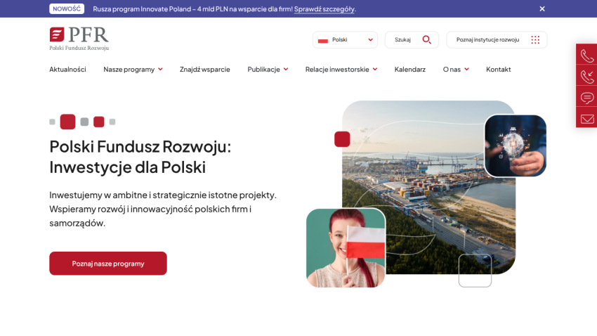 Polski Fundusz Rozwoju homepage with investment program info, navigation menu, and images of a port, a woman with Polish flag, and a lightbulb graphic.