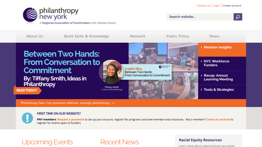 Philanthropy New York homepage featuring event details and navigation options.