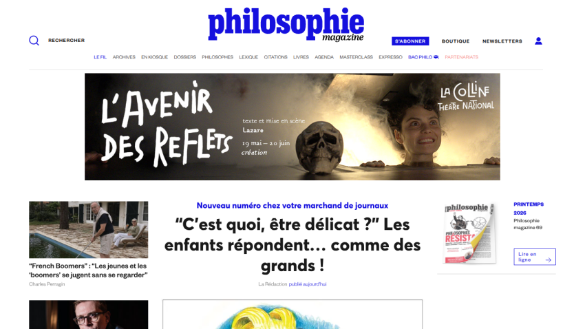 Homepage of Philosophie magazine featuring a banner about reflections and articles on childhood.