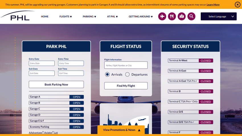Website for PHL airport showing parking, flight status, and security information.